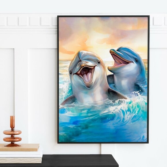 NobleCaptures Other - 16x20 Happy‎ Dolphins Playing Splashing Watercolor Oil Painting Fantasy Poster